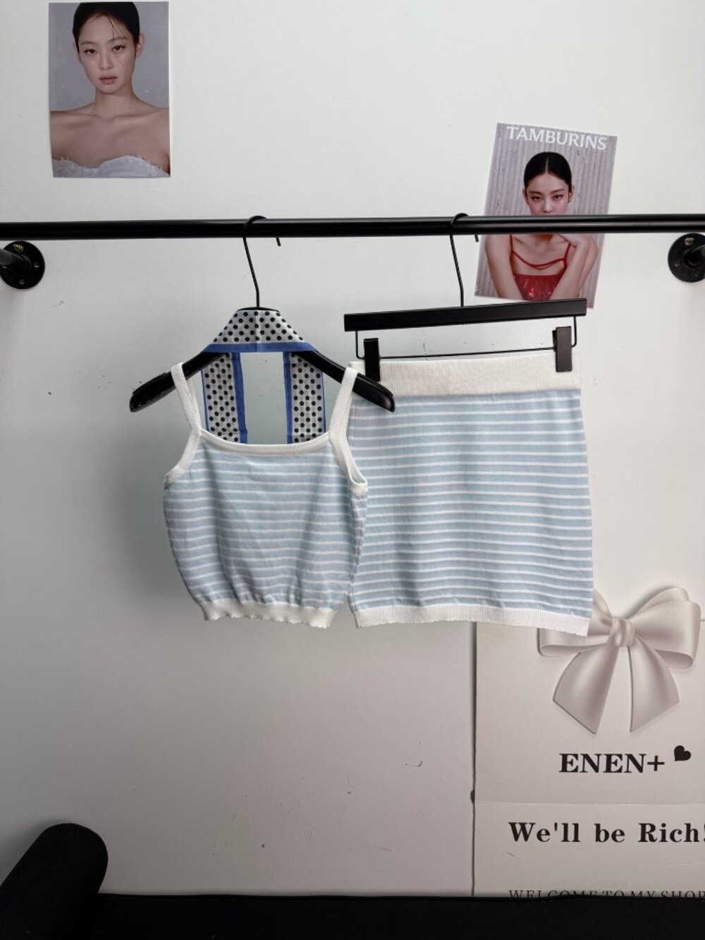 🍦Miu Miu🍦 Blue Knit Off-the-Shoulder Strap Top ➕ Scarf Set